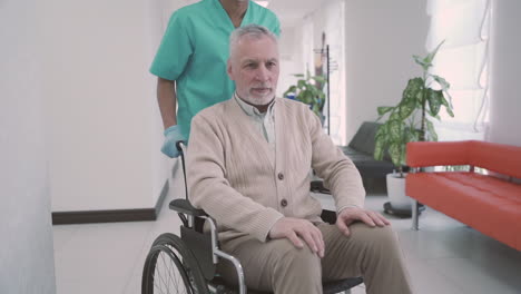 an old man with a beard and gray hair is dragged by a nurse in his wheelchair