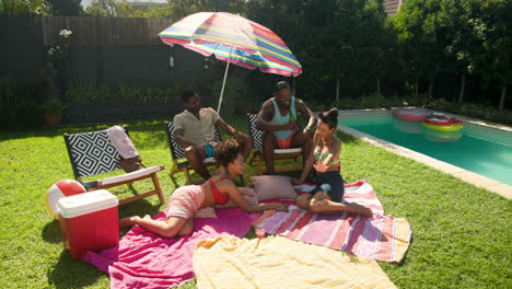 diverse friends relaxing by pool, enjoying sunny day with drinks and laughter on grass