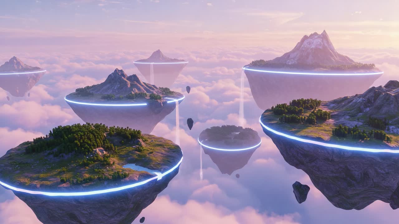 A Surreal Floating Landscape: Majestic Mountains Surrounded by Lush Greenery and Ethereal Clouds, Capturing the Essence of Dreamlike Serenity in a Fantastic Realm