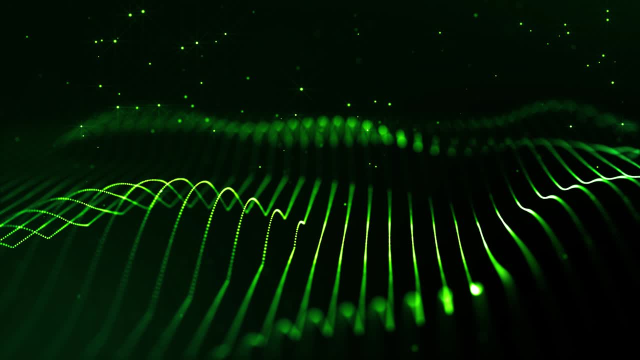 4k looped sci-fi green background with bokeh and light effects. Glow green color particles form lines, surfaces, string structures as virtual space or hologram for HUD screen. 17
