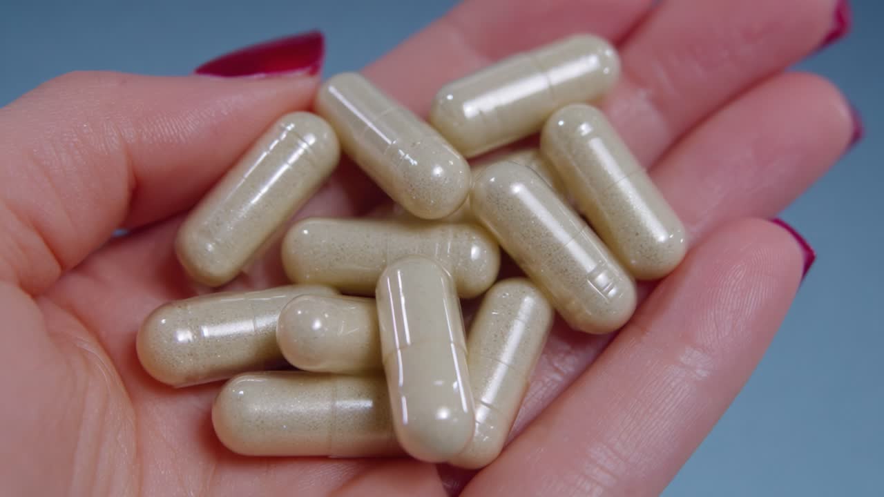 Primo piano di capsule molli in gel tenute in mano, che ne mostra la superficie liscia e la forma unica per l'uso di integratori alimentari