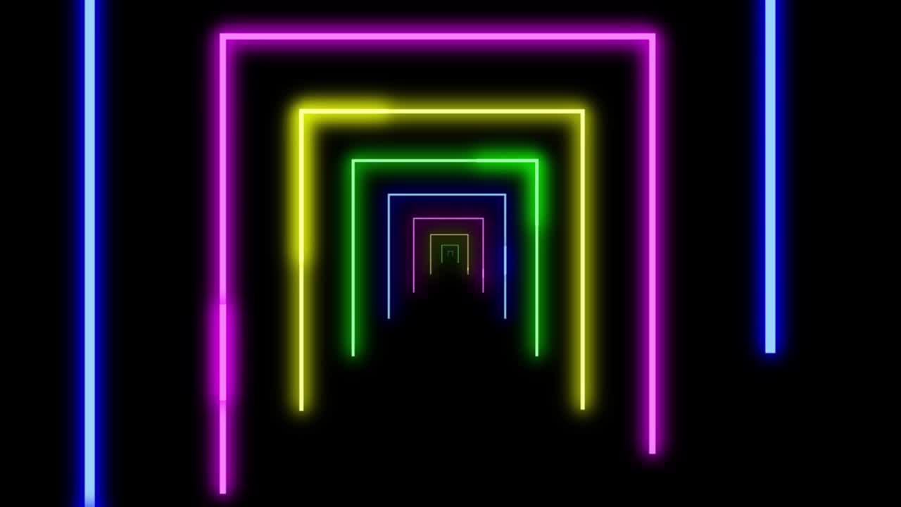 fondo abstracto con túnel de neón líneas brillantes formas geométricas, animación en bucle luces de colores fondo de bucle de cuadrícula