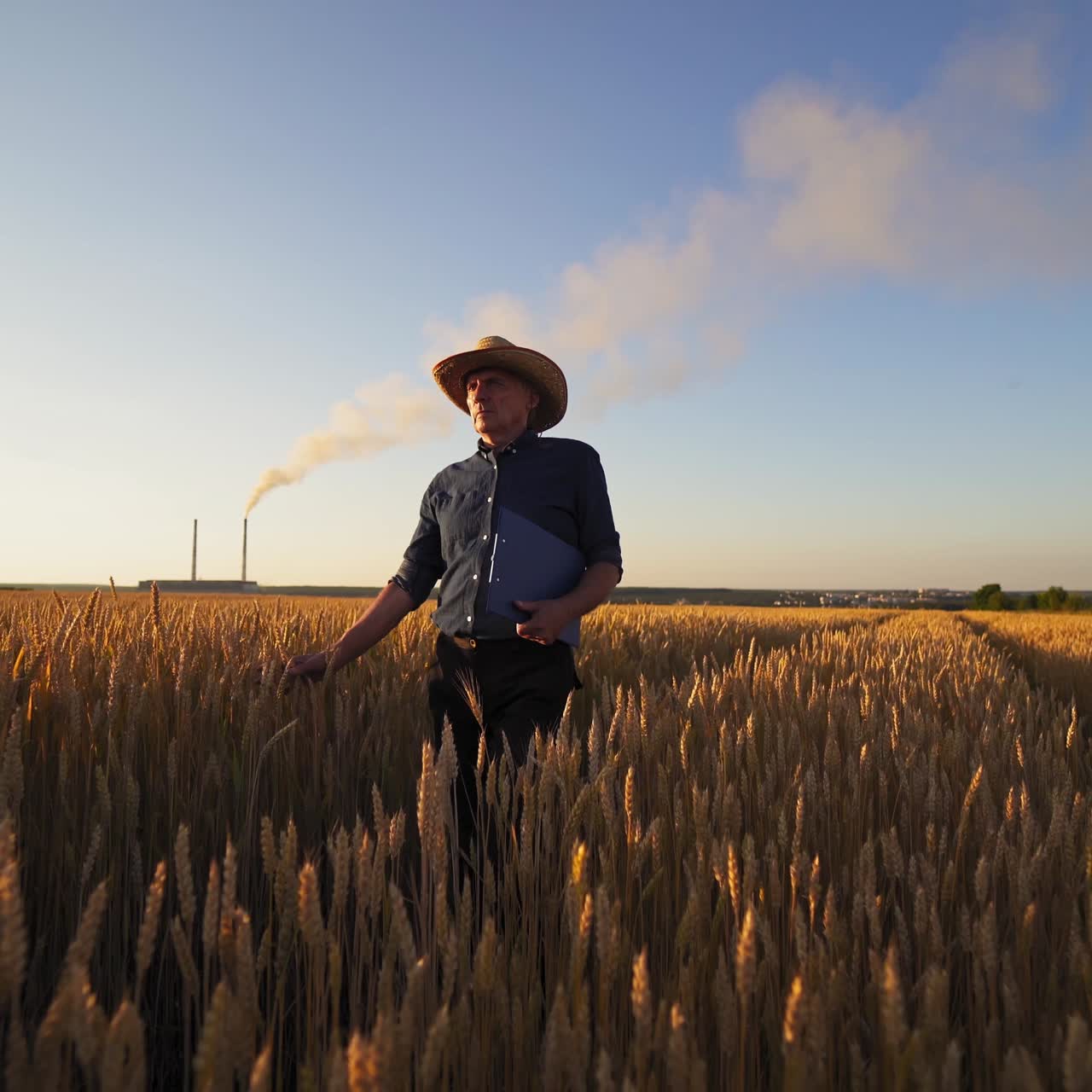 Farmer testing wheat outdoors. Agronomist with a folder walking on the field and looking on the growth of agricultural plants in the countryside.