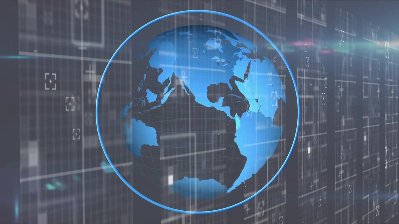 Animation of data processing, lights and globe in black space