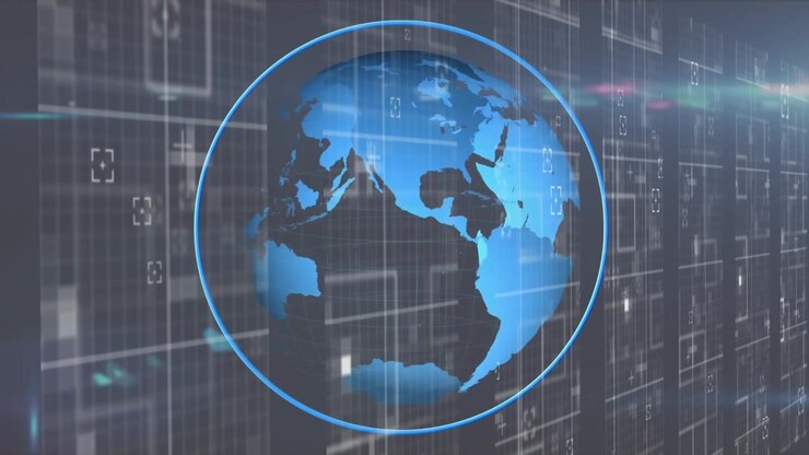 Animation of data processing, lights and globe in black space