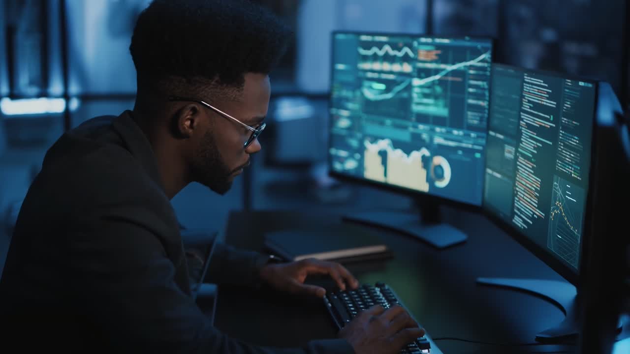 Side angle of a person analyzing data on multiple screens, creating a tech-focused video