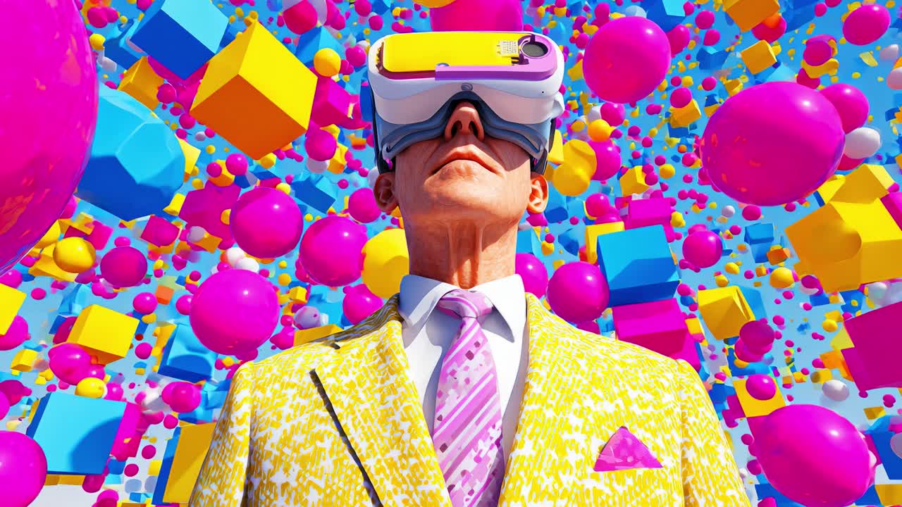 A modern visionary experiences a vibrant virtual reality world filled with colorful shapes and patterns, showcasing the intersection of technology and creativity in immersive environments