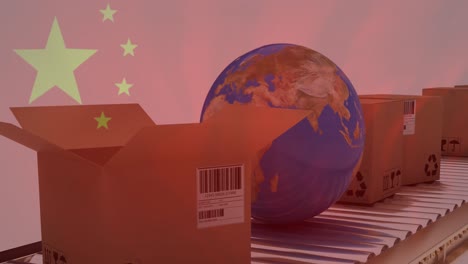 animation of chinese flag over globe and cardboard boxes on conveyor belt on white background