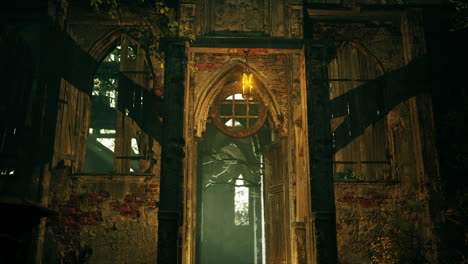 abandoned church ruins with a lantern