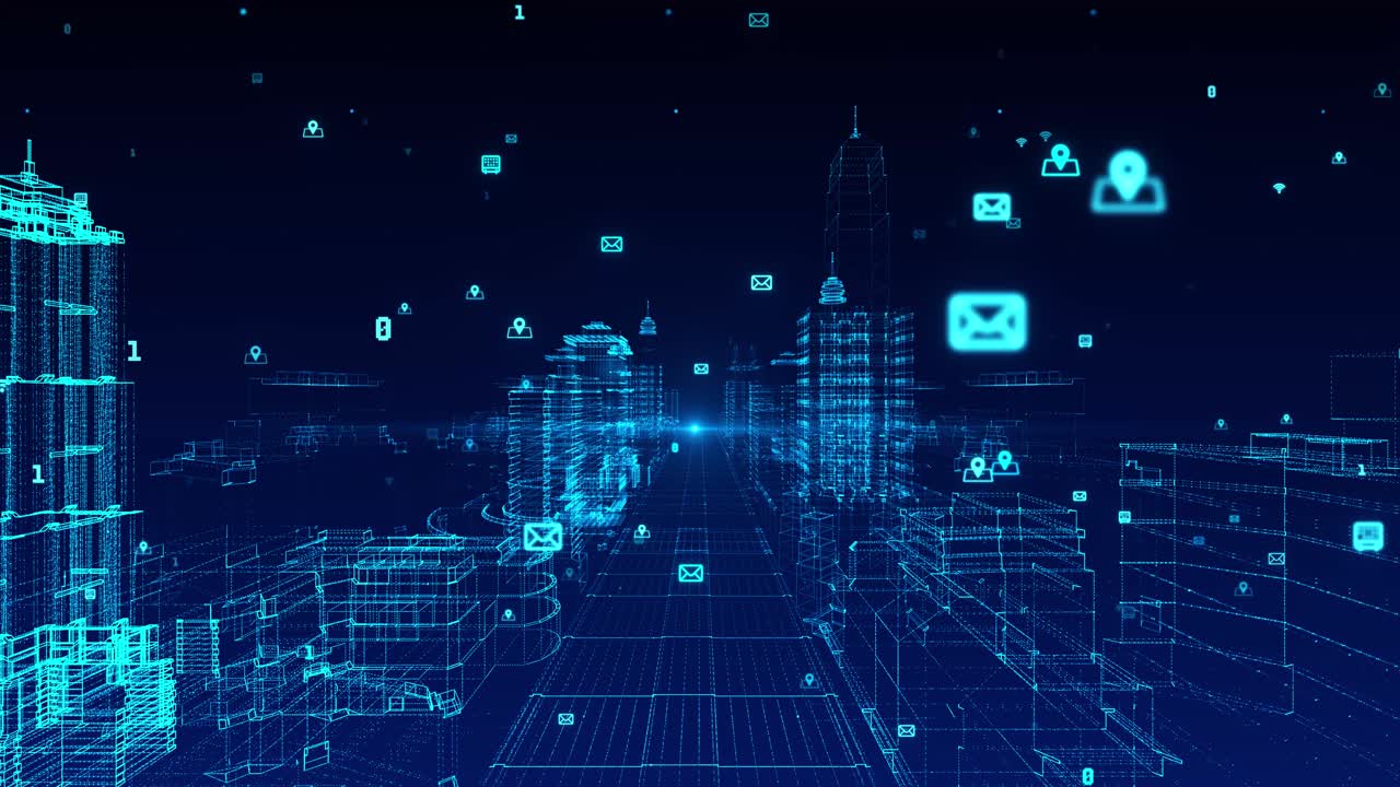 Città digitale, cyberspazio digitale con particelle e connessioni di rete di dati digitali, analisi dei dati
