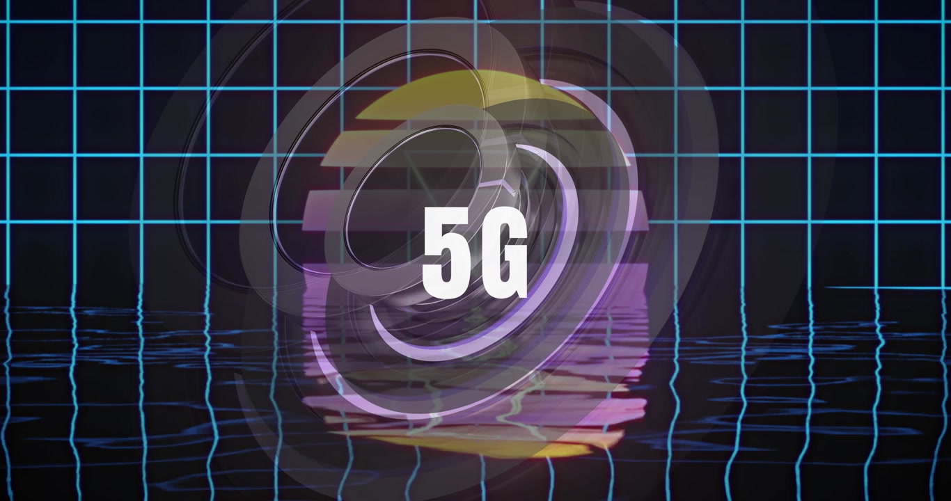 Concetto astratto di tecnologia 5G con griglia digitale e riflesso sull'acqua