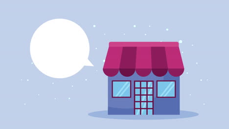 store building and speech bubble shopping animation