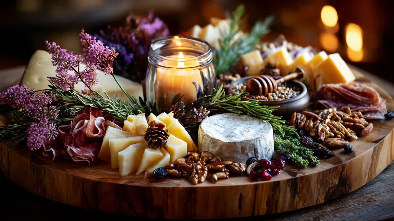 A Stunning Charcuterie and Cheese Platter Featuring an Array of Artisan Cheeses, Fresh Herbs, Sweet Honey, Savory Meats, and Decorative Botanicals, Perfect for Any Gathering or Celebration