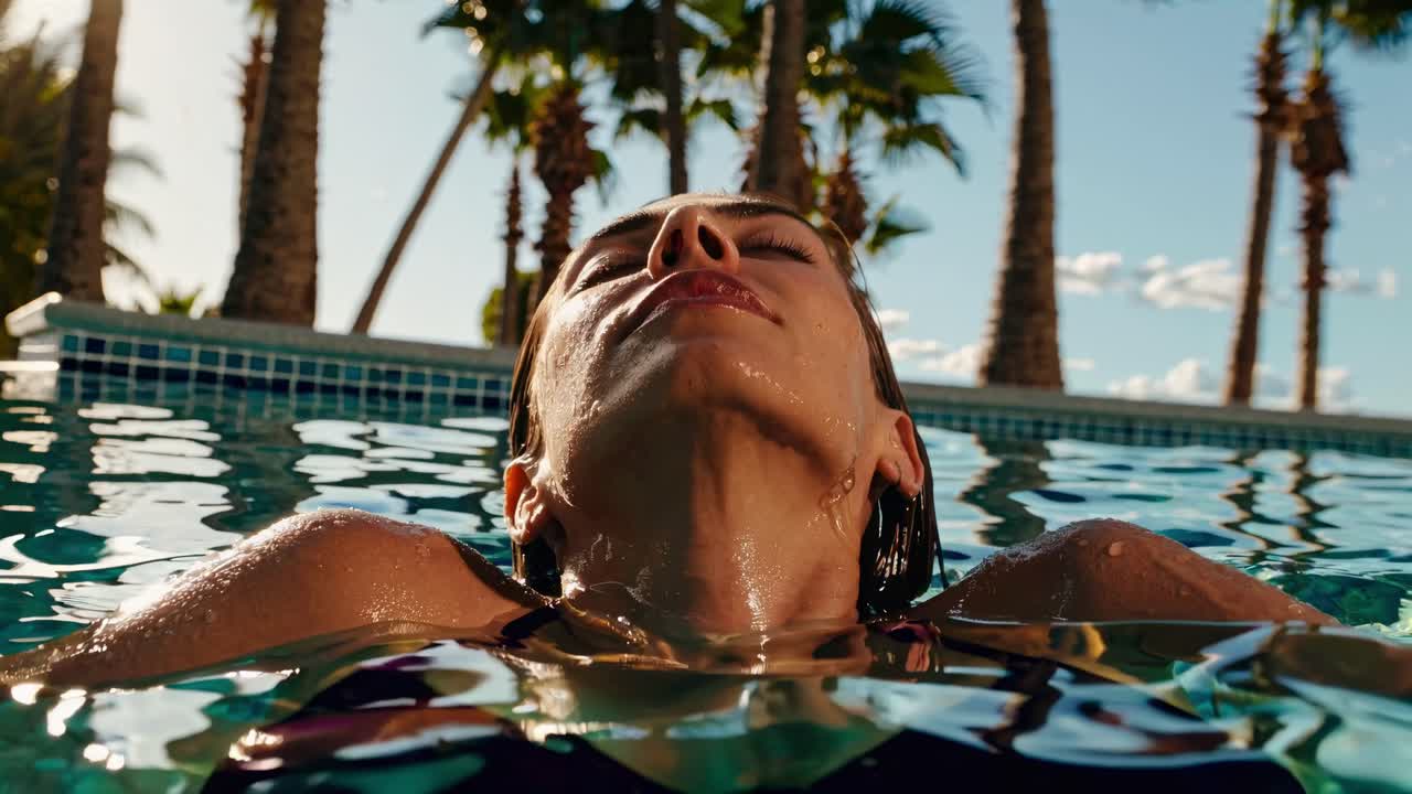 Low-angle video shot of a person floating in a pool, head tilted back, with palm trees and a clear