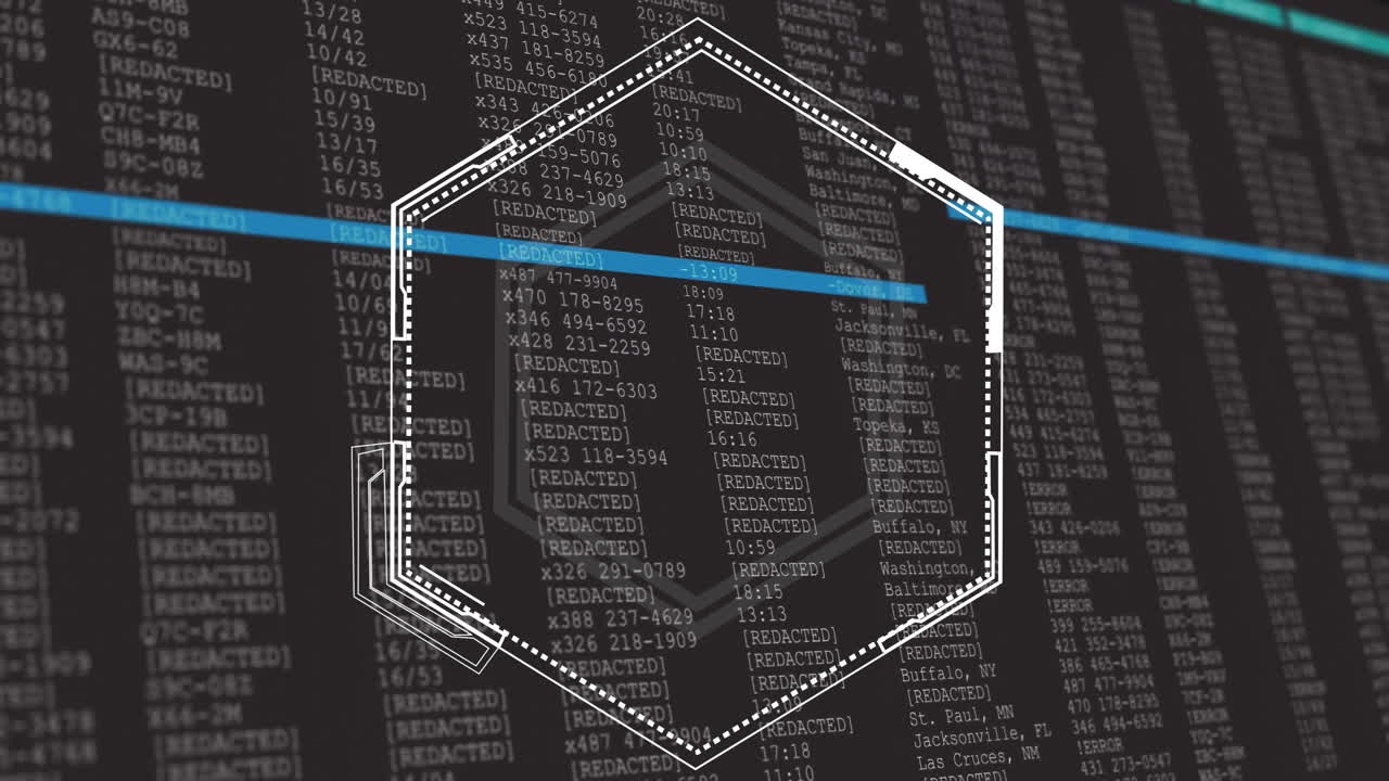 Hexagonal shape over redacted data and coding animation