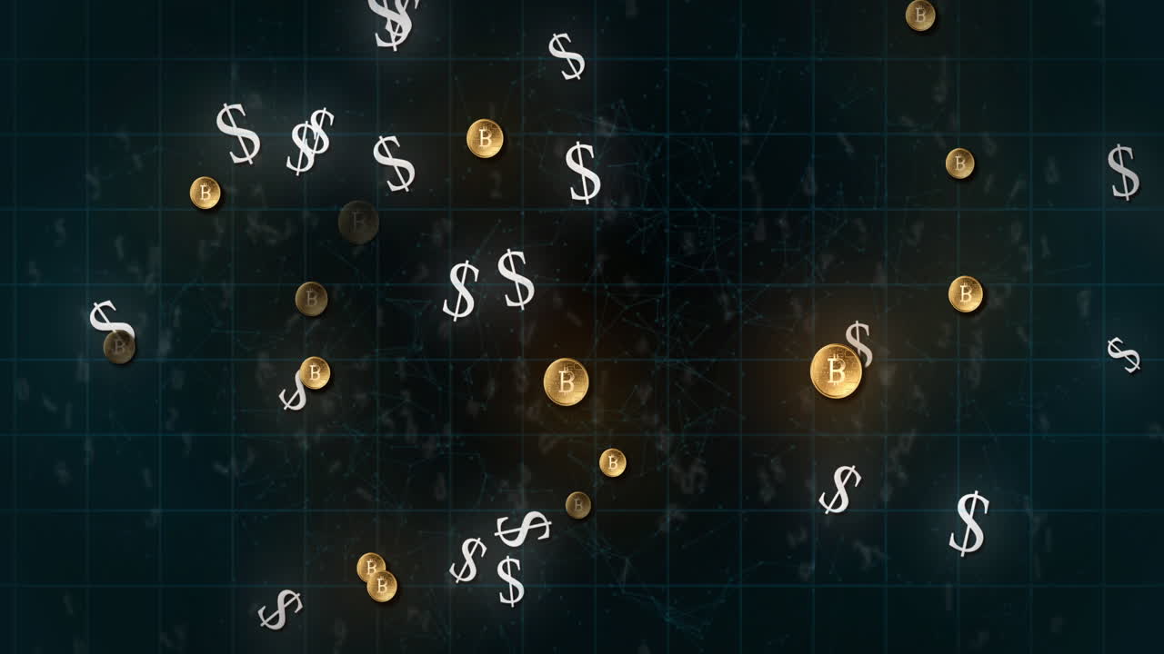 Siyah arka plan üzerinde ızgara üzerinde hareket eden Amerikan doları ve Bitcoin sembolleri