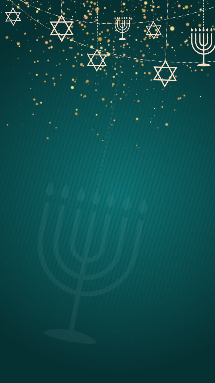 Jewish religious symbols menorah and star of david. Symbols of Judaism on green abstract background. Looped vertical video.