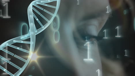 animation of dna structure spinning, binary coding and light spot over close up of a female eyes