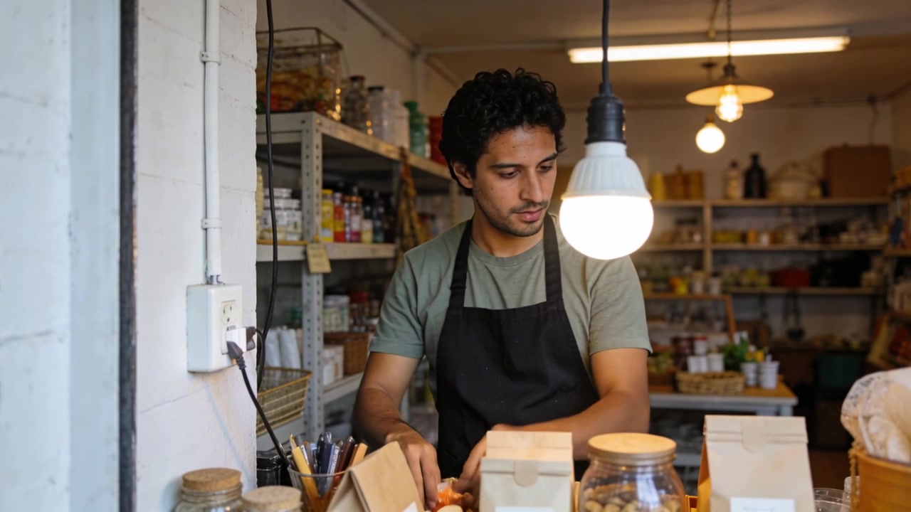 Un tendero con camiseta verde y delantal negro enchufando un cable, empacando frascos en bolsas de papel para la venta en la tienda.