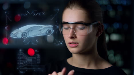 engineer designing car hologram in high technological glasses thinking closeup