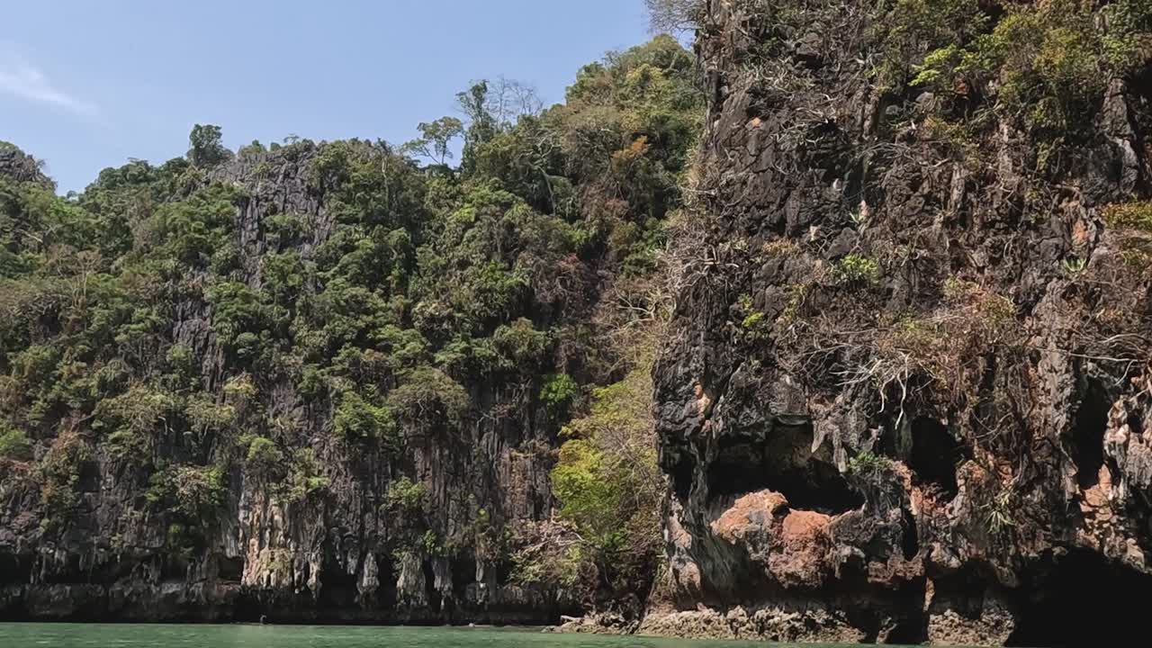 Una vista serena di scogliere rocciose coperte da una vegetazione lussureggiante accanto ad acque verdi e tranquille sotto un cielo limpido