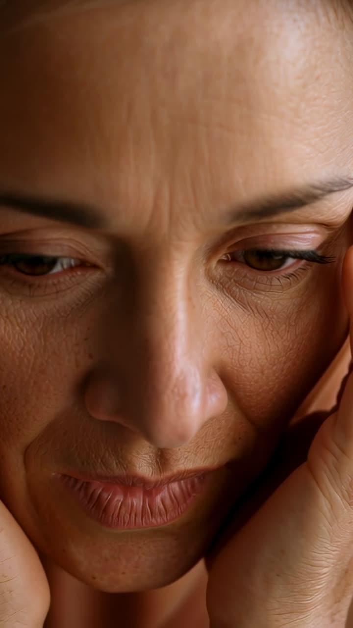 Mulher de meia-idade com as mãos nas bochechas, baixando o olhar, respirando suavemente, no estúdio, com manga marrom.