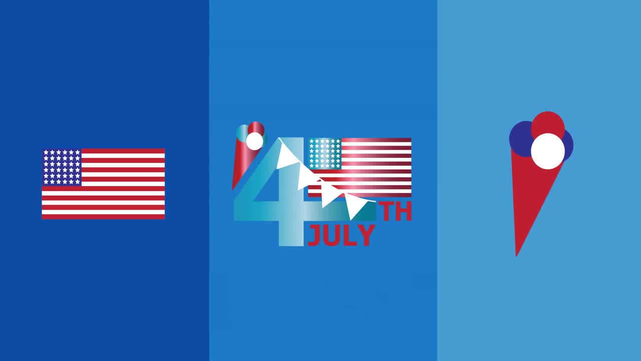 아이스크림과 미국 국기 아이콘 위에 푸른 배경에 행복한 독립기념일 텍스트