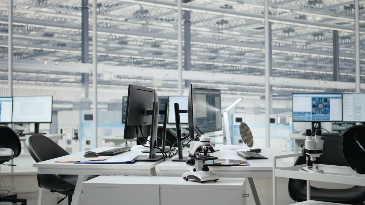 Analyzing microchip architecture systems, computers and empty engineering office
