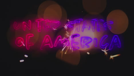 animation of glowing sparkler and united states of america text in neon glowing letters