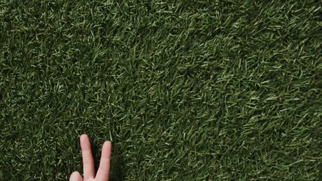 close up of hand of caucasian woman showing peace sign with copy space on grass background