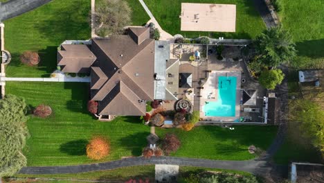 top down aerial of large american home with pool and beautiful landscaping in autumn