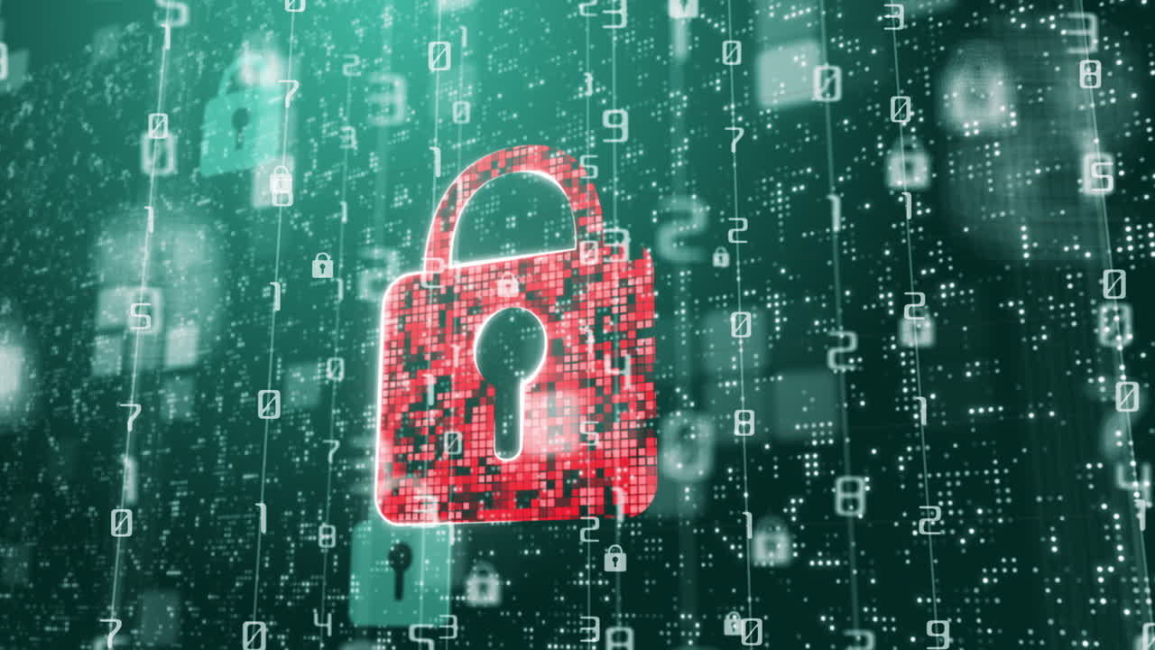 Digital padlock security symbol on green background with flashing numbers and pixels. Cyber security and computer protection of digital data. Looped motion graphics.
