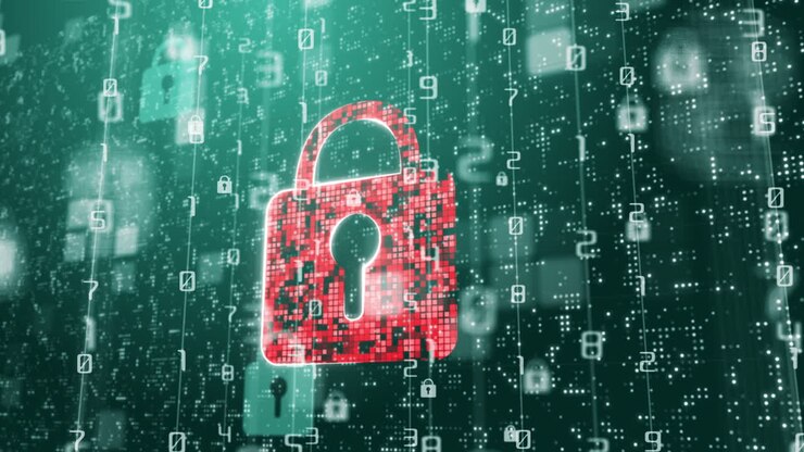Digital padlock security symbol on green background with flashing numbers and pixels. Cyber security and computer protection of digital data. Looped motion graphics.