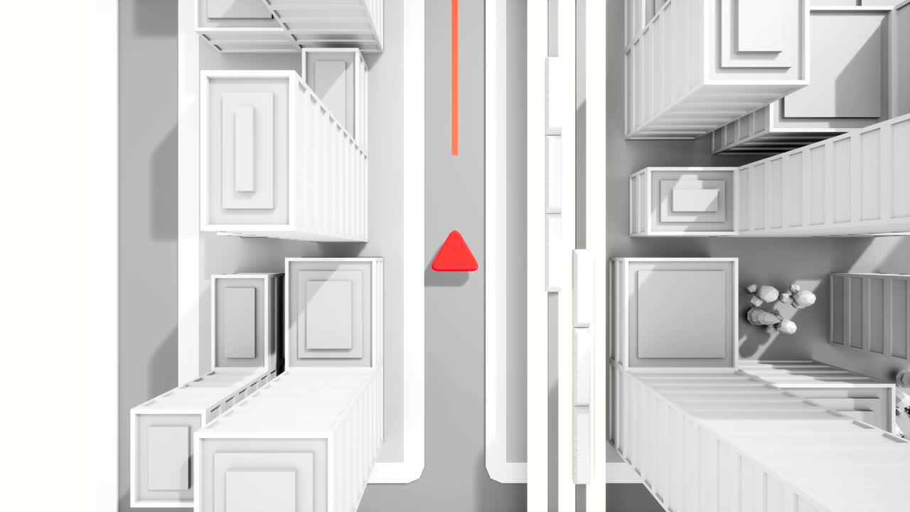 낮은 폴리 gps 도시 지도. 빨간 화살표가 길을 따라 앞으로 달리고 있습니다.