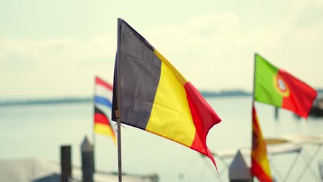 group of flags on boats blowing in the wind while moored in a peer of a small port