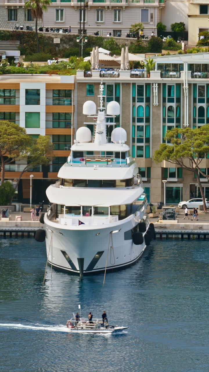 View of boats docked in the Monaco Marina with the skyline of the city on the background. Vertical