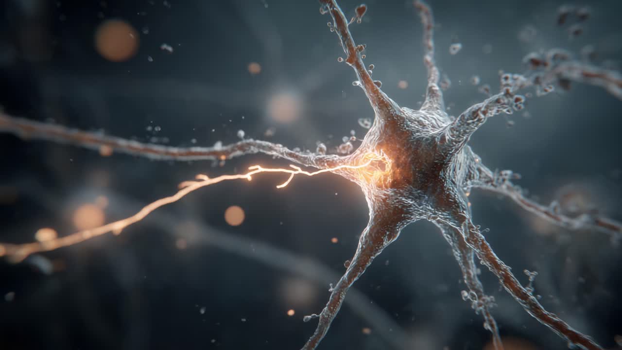 Stunning Close-Up of a Neuron Firing, Capturing the Intricate Dance of Electrical Signals and Chemical Activity in the Nervous System