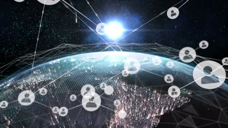 Animation-of-connected-icons-and-connected-dots-over-globe-against-lens-flare-in-space