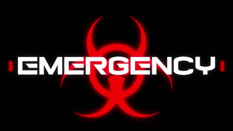 animation of the word emergency written over health hazard sign on black background