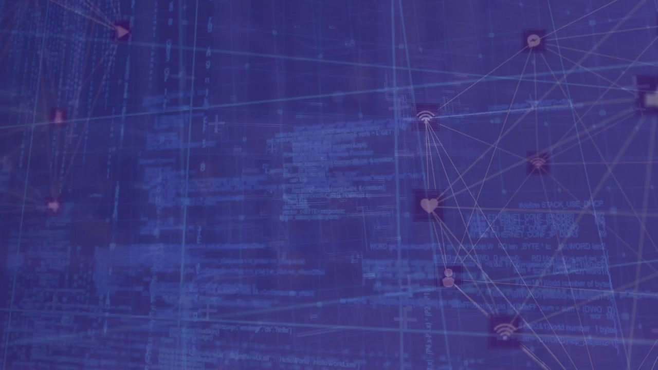 Animation of spinning globes of digital icons and data processing against blue background