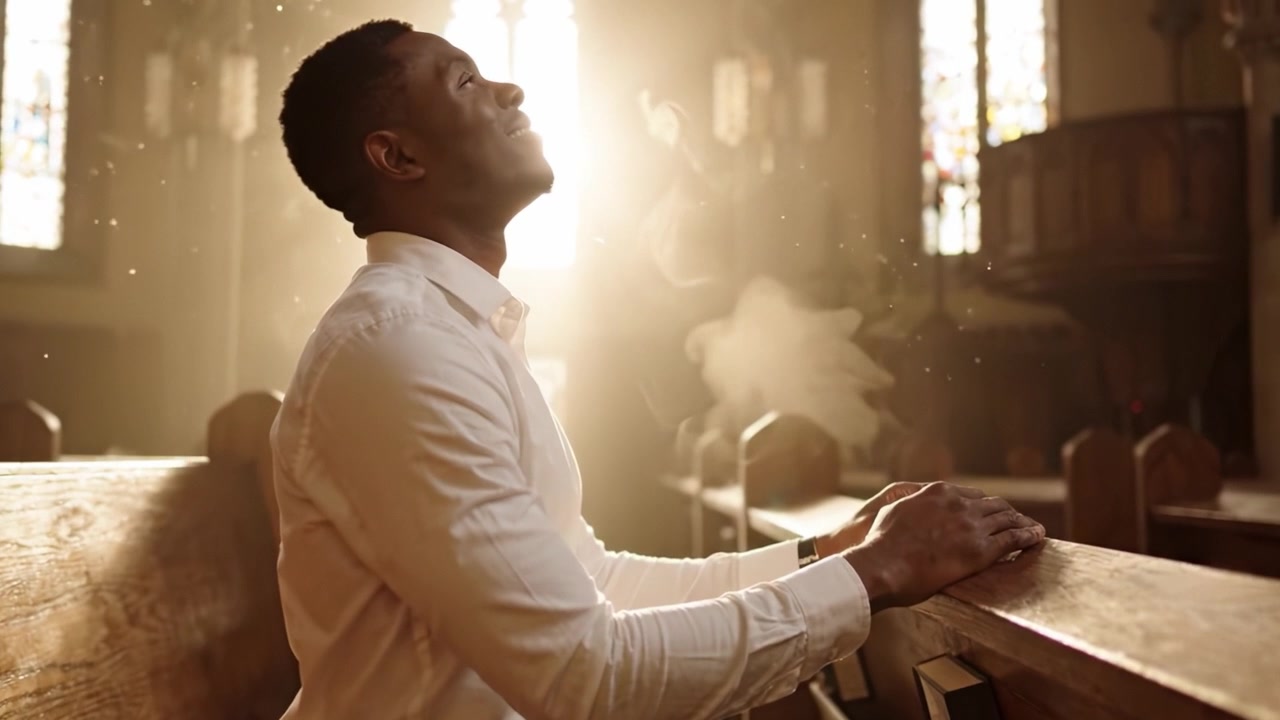 A Moment of Reflection: A Man Engaged in Deep Contemplation and Spiritual Connection within a Sunlit Church Setting