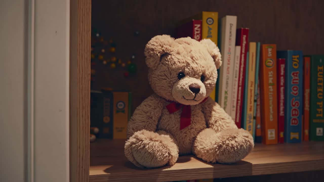 Una scena video accogliente di un orsacchiotto su una mensola di legno, circondato da libri colorati