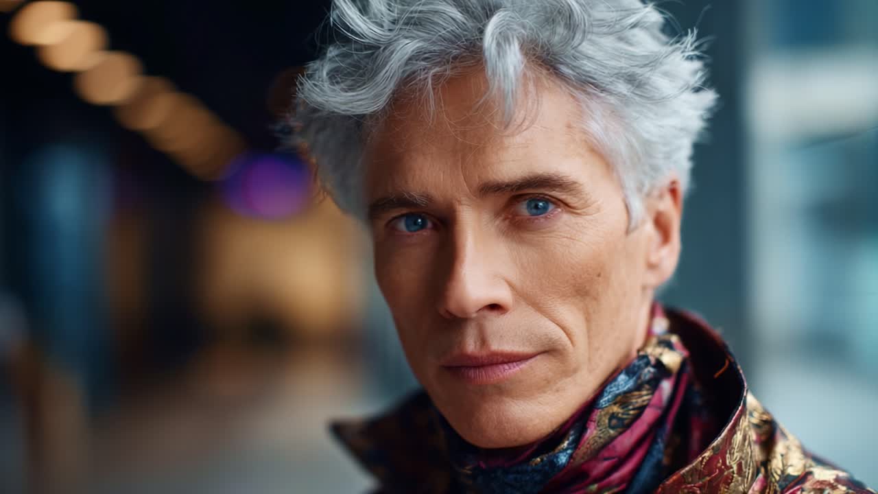 Elegante ritratto di un uomo alla moda con sorprendenti capelli argentati e accattivanti occhi azzurri, che mostra sicurezza e raffinatezza in un ambiente moderno