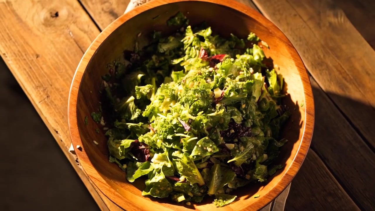 Verdure che cadono in una ciotola di legno su un tavolo rustico, la telecamera si allontana rivelando un'insalata condita pronta per il pasto