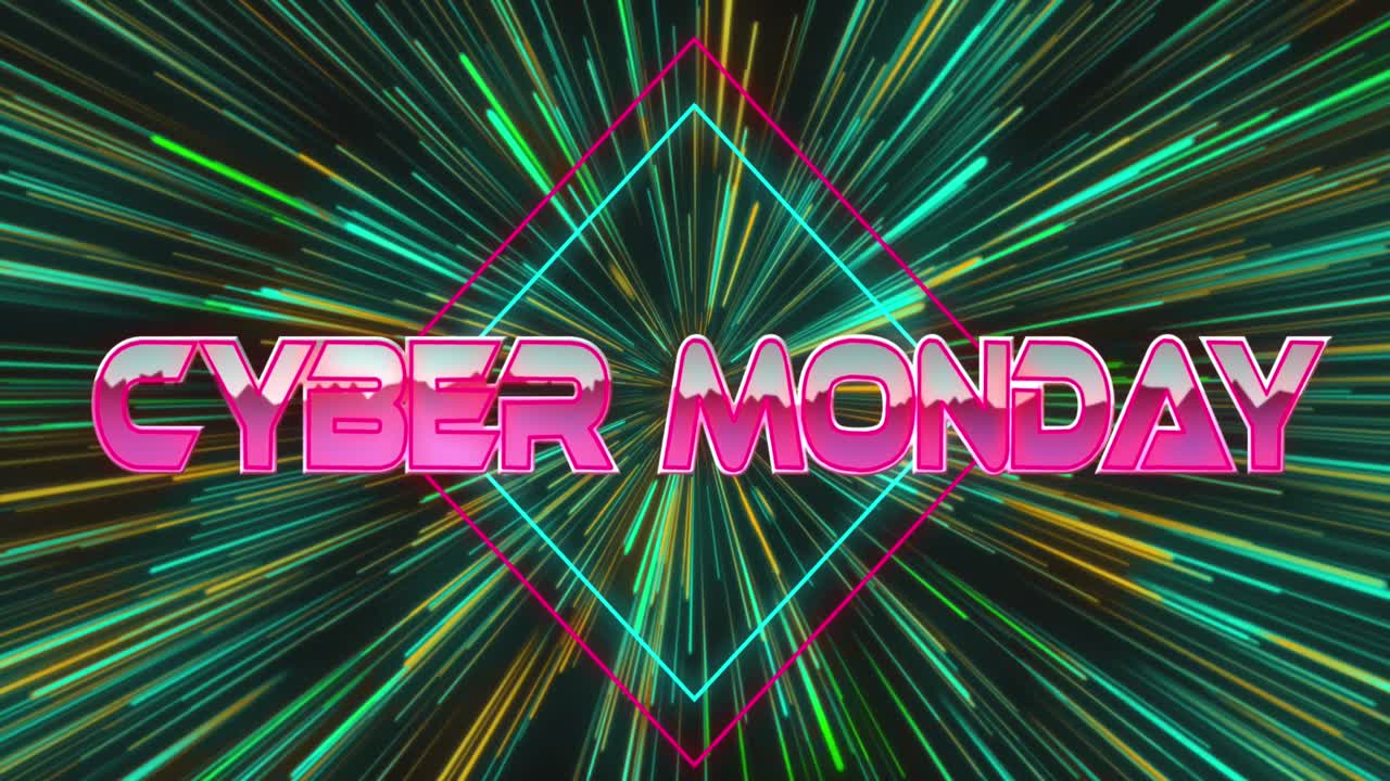 검은색 배경의 빛 트레일 위에 사이버 월요일 텍스트의 애니메이션