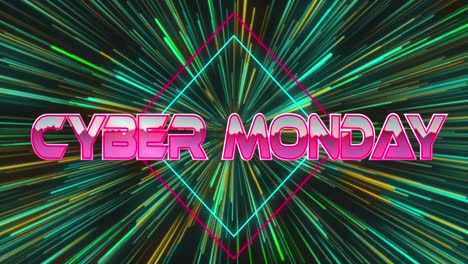 Animación-Del-Texto-Del-Cyber-Monday-Sobre-Estelas-De-Luz-Sobre-Fondo-Negro.