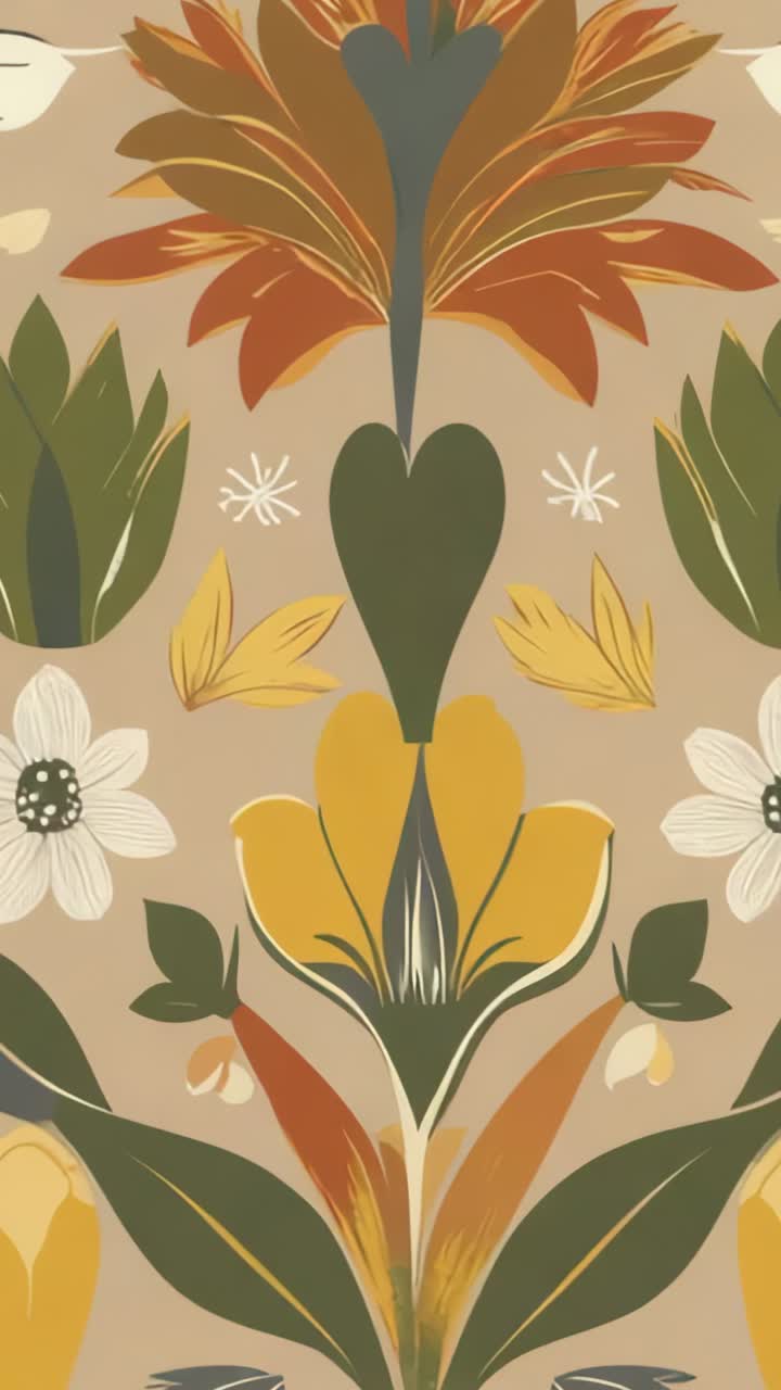 Vertical video: Panning camera across floral motif on beige wall, with orange blooms and leaves