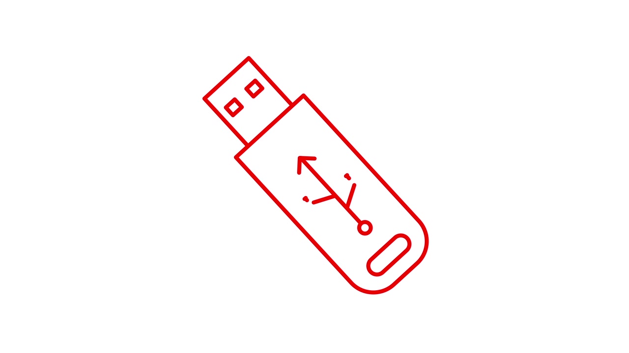 Animeret rød stregtegning af et USB-flashdrev-ikon