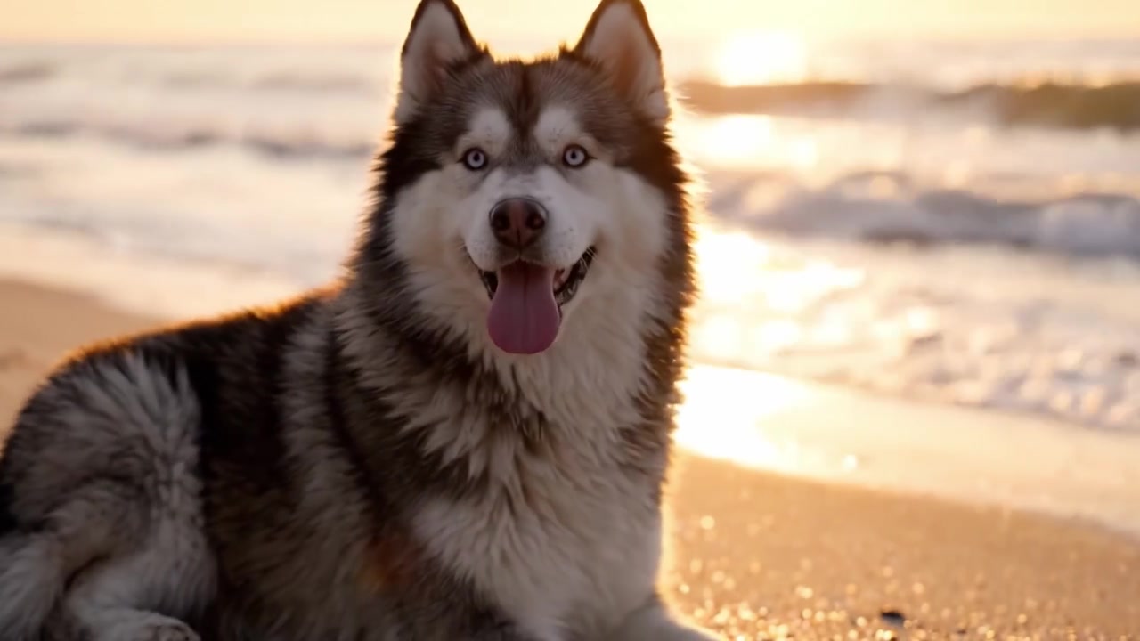 En vakker sibirsk husky nyter en rolig solnedgang på stranden, som fanger naturens ro med sin slående pels og levende øyne