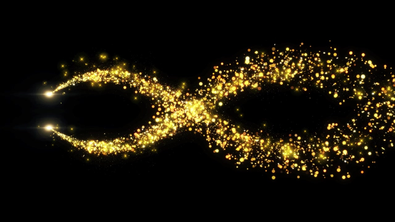 Particelle e scintille dorate 4K. Scintillii dorati natalizi, scia di polvere luminosa 3D, animazione luci Bokeh.